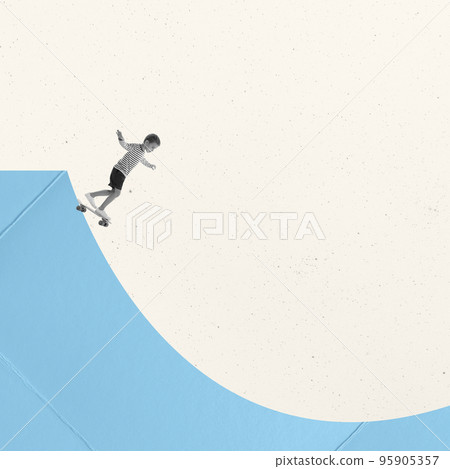 Contemporary art collage. Litlte retro boy with skate playing, having fun isolated over beige minimal background. Concept of funny children, sport, creativity, design, ad, childhood. Copy space Contemporary art collage. Litlte retro boy with skate playing, having fun isolated over beige minimal background. Concept of funny children, sport, creativity, design, ad, childhood. Copy space 95905357