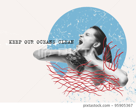 World oceans day, World Environment Day, Earth day, World Maritime Day concept. Screaming woman tearing suffocating plastic trash on her neck. Contemporary art collage 95905367