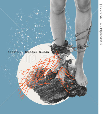 Contemporary art collage of woman with lots of garbage, plastic symbolizing water pollution. Concept of eco, saving environment, ecology, world social issues 95905371