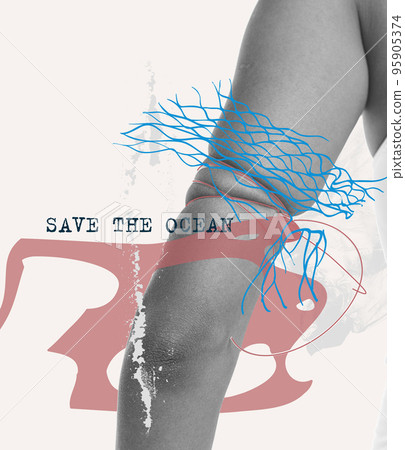Conceptual art collage of woman with lots of garbage, plastic symbolizing water pollution. Non recycable materials kills marine life. Concept of ecology problems, nature, problems 95905374