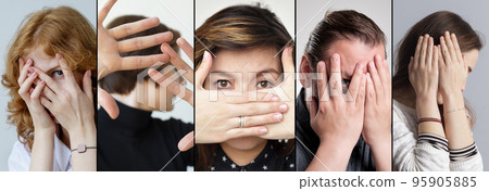 Set of people that are hiding their face with fingers. 95905885