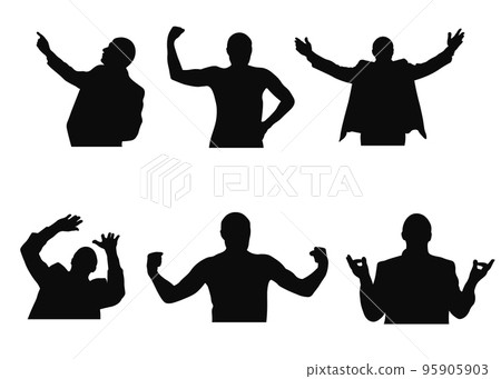 Set of silhouettes of man looking up, meditating, welcoming, having fear and showing muscles 95905903