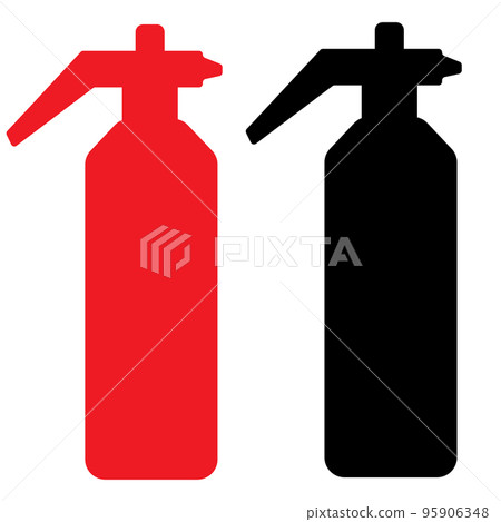 Red and black Fire Extinguisher silhouette sign, square icon, fireman warn isolated on white background. 95906348