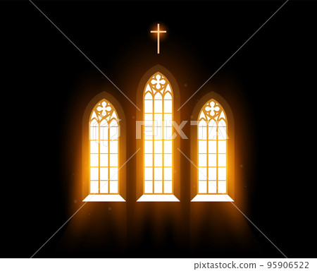 Blessing light flows through church window, morning radiance via stained-glass window in temple, liturgy pray, vector Blessing light flows through church window, morning radiance via stained-glass window in temple, liturgy pray, vector 95906522