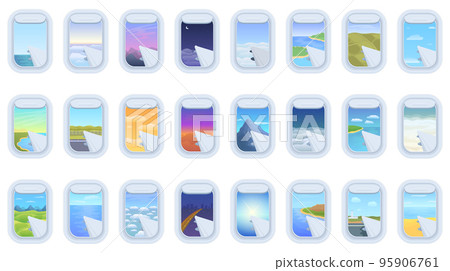 Airplane window icons set cartoon vector. Plane flight. Air travel 95906761