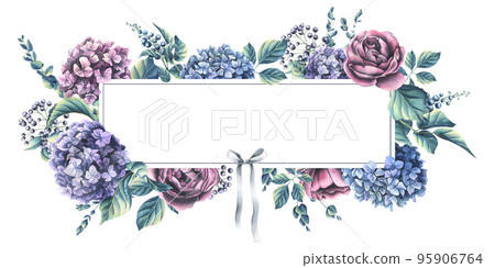 Hydrangea flowers, roses and decorative leaves, berries, eucalyptus twigs. Watercolor illustration. Rectangle frame from the WEDDING FLOWERS collection. For invitations, certificates, postcards, lists 95906764