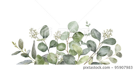 Rustic sage green eucalyptus design template. Trendy floral design. Natural greenery watercolor illustration. Spring wedding invitation border isolated on white background 95907983