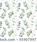 Watercolor eucalyptus seamless pattern,  white background. Plant floral design. Spring botanical print. Nature ornament. Green floral wallpaper. 95907997