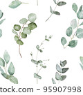 Hand drawn watercolor eucalyptus seamless pattern on white background. Plant floral design. Spring botanical print. Nature ornament. Green floral wallpaper. 95907998
