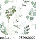 Watercolor eucalyptus seamless pattern. Mint color background. Elegant floral design. Spring botanical print. Nature ornament. Green floral wallpaper. 95908000