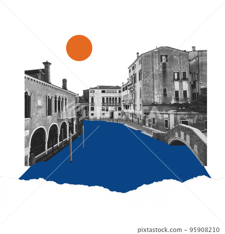 Contemporary art collage. Creative design in retro style. Black and white image if beautiful buildings in Venice. Vintage town Contemporary art collage. Creative design in retro style. Black and white image if beautiful buildings in Venice. Vintage town 95908210