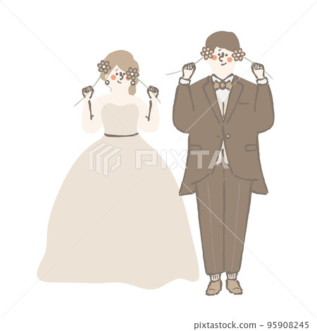 Illustration of bride and groom holding wedding flowers Illustration of bride and groom holding wedding flowers 95908245