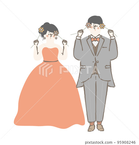 Illustration of bride and groom holding wedding flowers Illustration of bride and groom holding wedding flowers 95908246