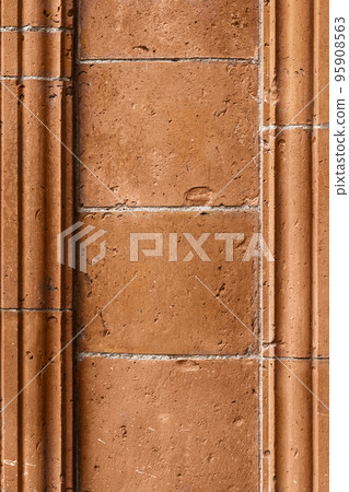 Brick work wall with ornament on old building. Red brick wall texture architecture background. Brick work wall with ornament on old building. Red brick wall texture architecture background. 95908563