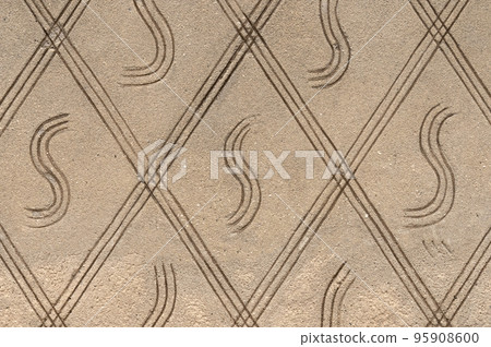 Concrete wall texture with ornament. Stone surface background. Abstract ornament pattern and cement texture, vintage background. Concrete wall texture with ornament. Stone surface background. Abstract ornament pattern and cement texture, vintage background. 95908600
