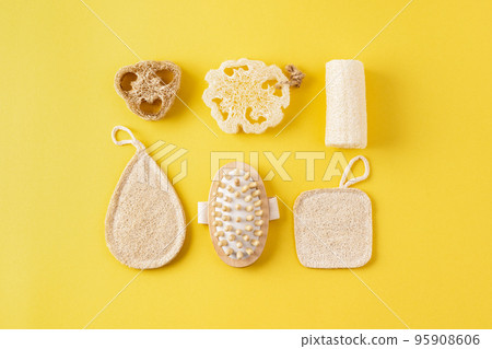 Reusable skin care tools for bath from ecological material. Zero waste bathroom accessories. Anti cellulite massager 95908606