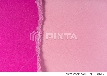 Pieces of torn ragged purple paper edges on pink background. Ripped cracked paper edge isolated with soft shadow. Pieces of torn ragged purple paper edges on pink background. Ripped cracked paper edge isolated with soft shadow. 95908607