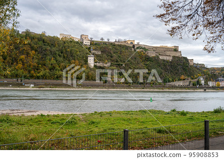 German corner, Koblenz were Rhein and Mosel meet. The fortress Ehrenbreitstein in the background German corner, Koblenz were Rhein and Mosel meet. The fortress Ehrenbreitstein in the background 95908853
