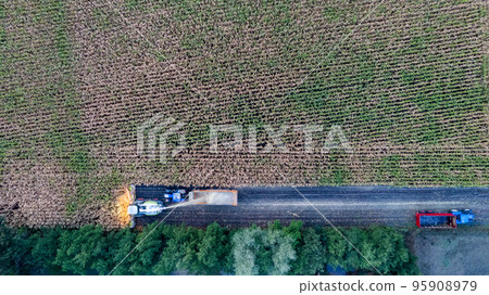 Aerial Drone View Flight Over Combine Harvester that Reaps Dry Corn in Field on an Autumn Day in the 95908979