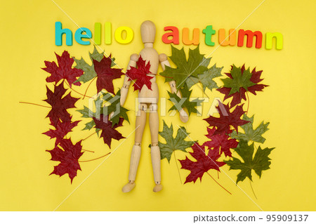 Hello autumn composition, autumn leaves on yellow background. Concept Welcome Autumn Top view Flat lay. 95909137