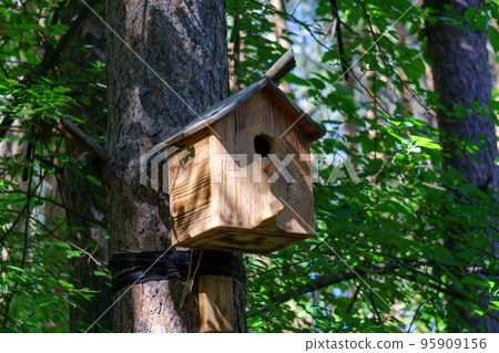 Birdhouse or bird box with natural green leaves background. Selective focus 95909156