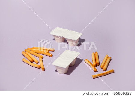 Minimal concept of food and dessert. flat lay, top view. Marshmellow and breadsticks, sweet street snack. Tredy color, hard shadow, menu for cafe, copy space, flyer, banner 95909328