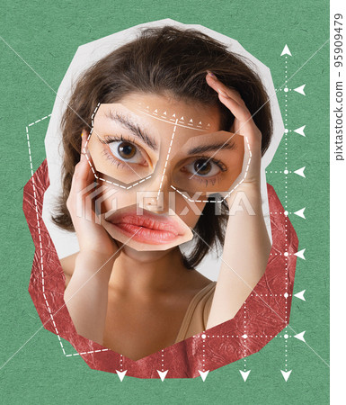 Contemporary art collage. Young woman doing plastic surgery on face to change face size. Beauty standards 95909479