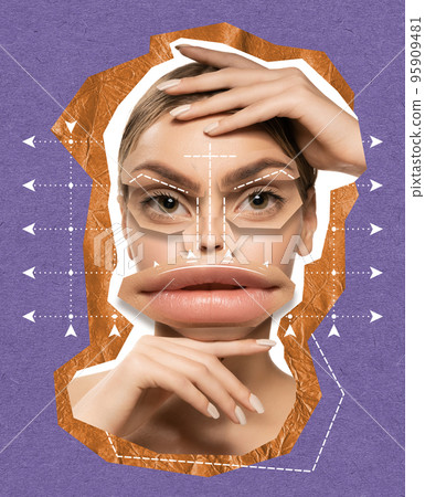 Contemporary art collage. Young woman with drawn lines on face preparing for plastic surgery, beauty injections. Lifting 95909481