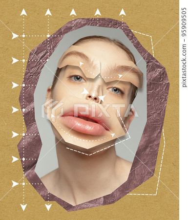 Contemporary art collage. Young woman with big brows and giant lips. Lip augmentation, anti-wrinkles fillers Contemporary art collage. Young woman with big brows and giant lips. Lip augmentation, anti-wrinkles fillers 95909505