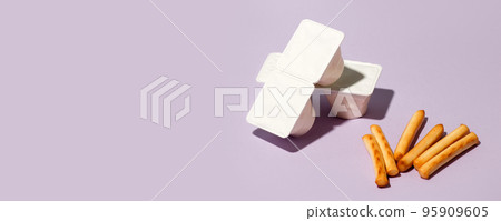 Minimal concept of food and dessert. flat lay, top view. Marshmellow and breadsticks, sweet street snack. Tredy color, hard shadow, menu for cafe, copy space, flyer, banner 95909605