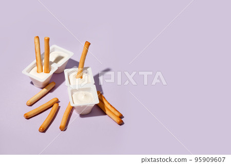 Minimal concept of food and dessert. flat lay, top view. Marshmellow and breadsticks, sweet street snack. Tredy color, hard shadow, menu for cafe, copy space, flyer, banner 95909607