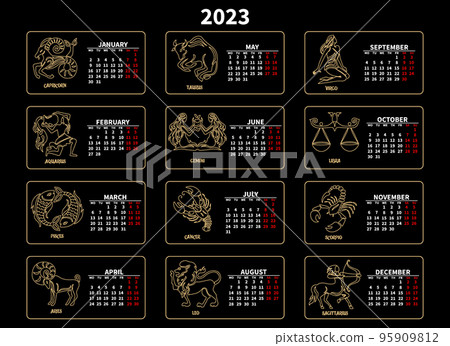 Calendar 2023 with zodiac signs on a blue background. Astrological calendar Print, illustration, vector Calendar 2023 with zodiac signs on a blue background. Astrological calendar Print, illustration, vector 95909812