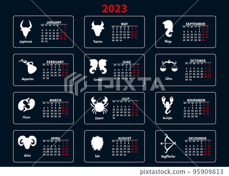 Calendar 2023 with zodiac signs on a blue background. Astrological calendar Print, illustration, vector Calendar 2023 with zodiac signs on a blue background. Astrological calendar Print, illustration, vector 95909813