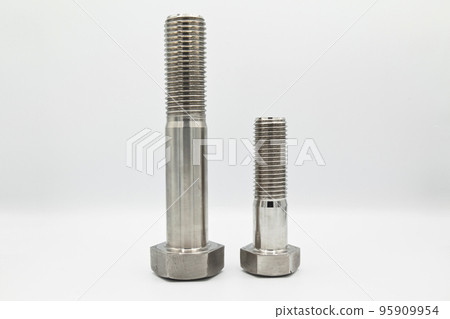 Stainless steel metal with metric A4 bolts, industrial metal part, isolated on white background 95909954