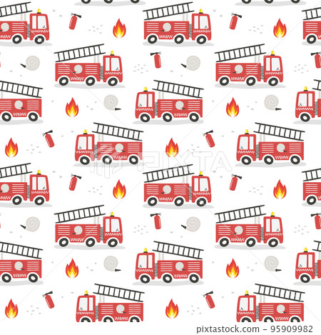Seamless pattern with cute cartoon fire engines. Flat style. 95909982