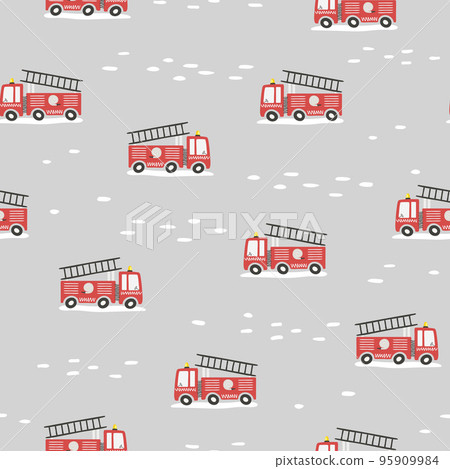 Seamless pattern with cute cartoon fire engines. Flat style. 95909984