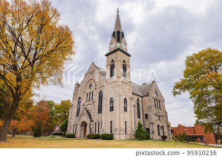 Overcast fall color landscape of Stone Chapel of the Drury University Overcast fall color landscape of Stone Chapel of the Drury University 95910236