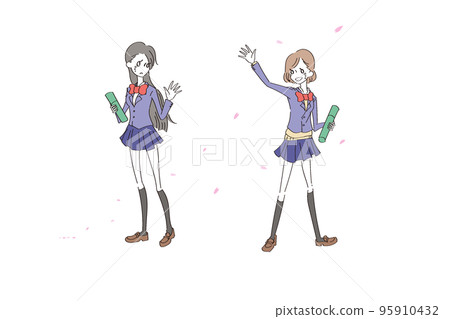 Graduation ceremony Female student breaking up with her friends while the cherry blossoms are dancing Graduation ceremony Female student breaking up with her friends while the cherry blossoms are dancing 95910432