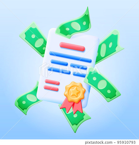 3D Certificate with Stamp and Money Isolated 3D Certificate with Stamp and Money Isolated 95910793