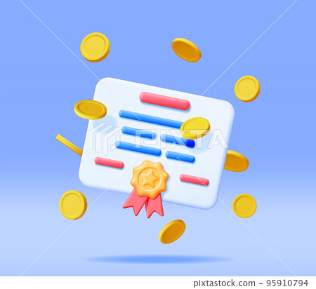 3D Certificate with Stamp and Money Isolated 3D Certificate with Stamp and Money Isolated 95910794
