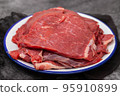 Fresh raw beef steak on white dish 95910899