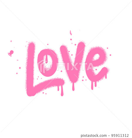 Urban graffiti LOVE word sprayed in pink over white. Inscription lettering vandal street art free wild style. Graffiti word sprayed in pink over white. Isolated textured Vector Illustration. 95911312