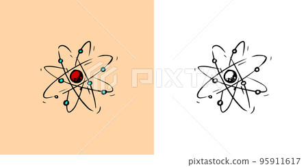 Atom surrounded by electrons. Nuclear power. Structure model sketch. Physics drawing. Education Atom surrounded by electrons. Nuclear power. Structure model sketch. Physics drawing. Education 95911617