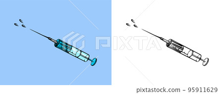 Medical syringe. Prick tool. Engraved hand drawn old vintage sketch. Vector illustration. Medical syringe. Prick tool. Engraved hand drawn old vintage sketch. Vector illustration. 95911629