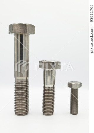 Stainless steel metal with metric A4 bolts, industrial metal part, isolated on white background 95911702