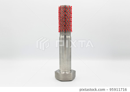 Stainless steel metal with metric A4 bolt, plastic net protection industrial metal part, isolated on white background 95911716