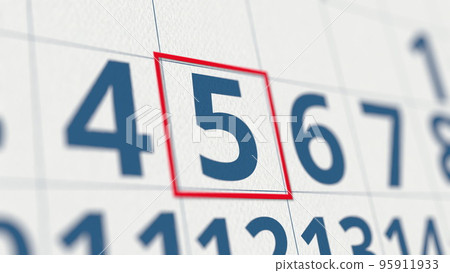 Calendar with marked 5 day of the month close-up. 3D rendering Calendar with marked 5 day of the month close-up. 3D rendering 95911933