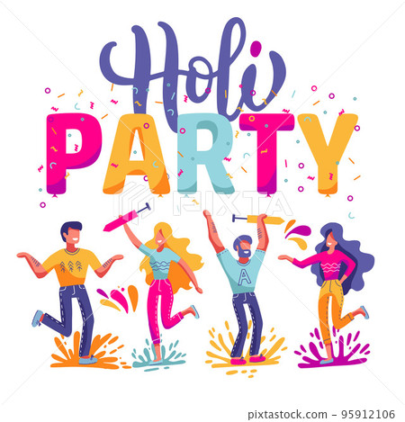 Happy Holi festival of colors background for holiday of India. Vector flat illustration with big lettering - Holi party. Bright people characters celebrating and having fun Happy Holi festival of colors background for holiday of India. Vector flat illustration with big lettering - Holi party. Bright people characters celebrating and having fun 95912106