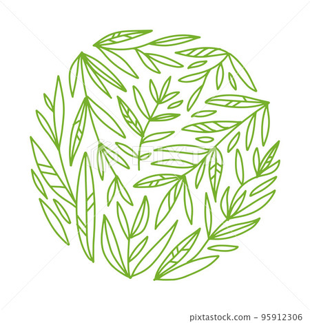 Green tea. Round leaves and branches pattern concept in an outline style. Composition with abstract hand drawn elements. Doodle style. Template for cafe menu, packaging or signboard. 95912306