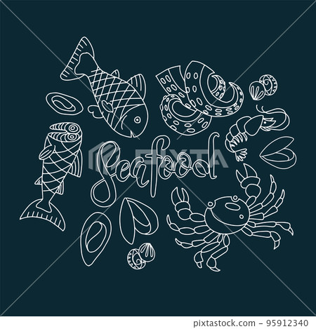 Chalk style hand drawn seafood illustration set. Vector graphic collection of marine inhabitants in outline doodle style on black background. sea animals print. design template menu restaurant or cafe Chalk style hand drawn seafood illustration set. Vector graphic collection of marine inhabitants in outline doodle style on black background. sea animals print. design template menu restaurant or cafe 95912340